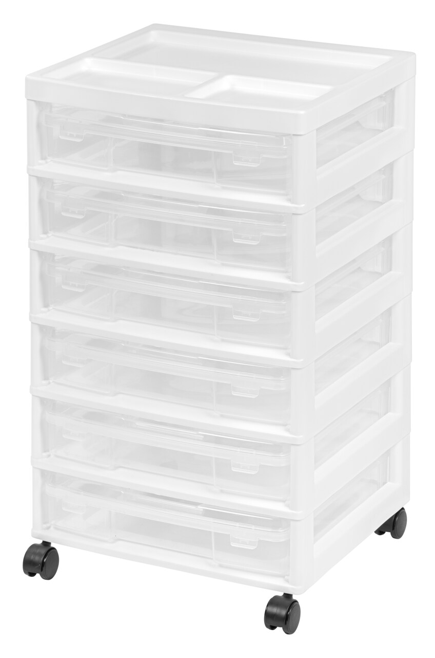 IRIS USA 6 Drawer 12" x 12" Scrapbook Rolling Storage Cart with Organizer Top and 6 Clear Cases, Black/White